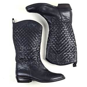 Farylrobin Black Basketweave Leather Mid Calf Western Boho Cowboy Boot